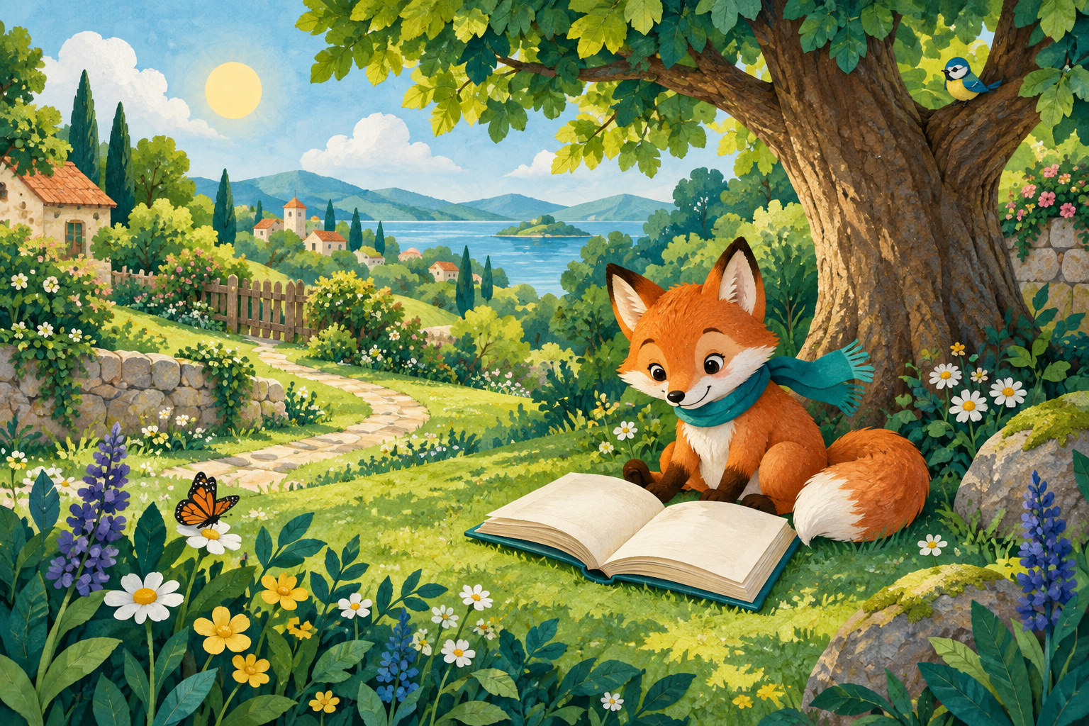 Una guineu amb un mocador verd llegeix un llibre sota un arbre, en un jardí assolellat